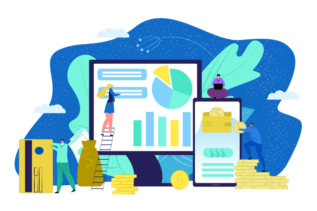 Business graph technology concept, people near data analysis chart vector illustration. Management at computer screen, finance